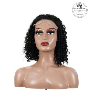 center wig natural black remy hair 5x5 lace closure jerry curly 12 inch bob human hair wig